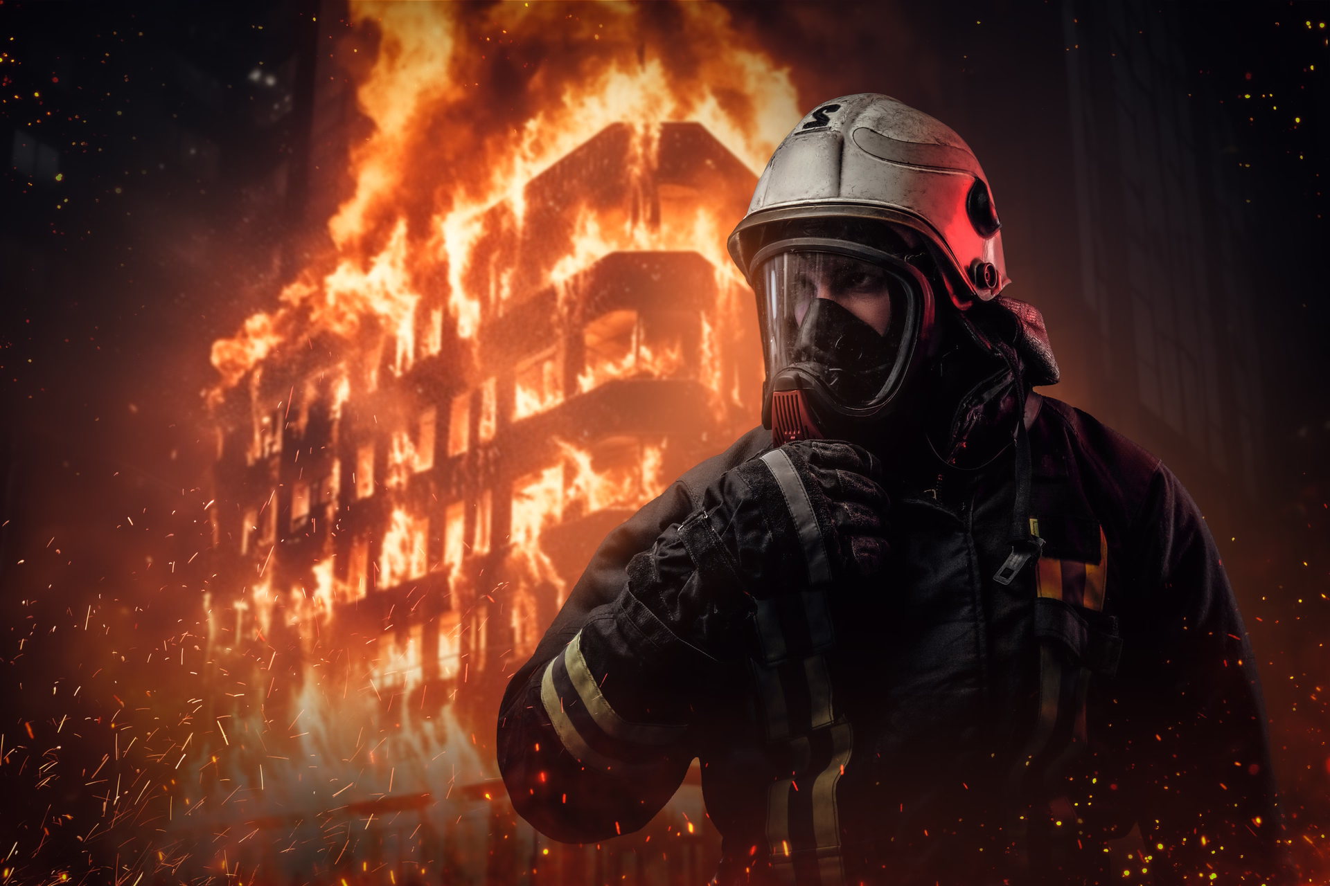 firefighter ready at burning building at night 2026 01 07 01 19 18 utc 1 Calorcol Expertos en Ingenier&iacute;a de Aislamientos.